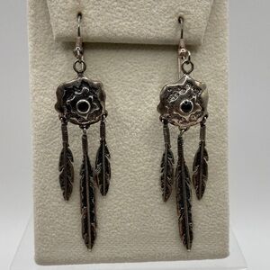 Vintage Sterling Silver Dream Catcher Black Onyx Dangle Earrings Pierced